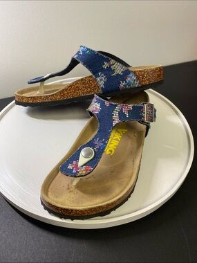Viking Cork Thong Sandals w Adjustable Buckle in Geo Denim, Size 6.5 (EU 37)